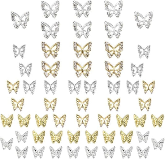 Butterfly Nail Charms, 58pcs 3D Golden Silver Butterfly Charms for Acrylic Nails, 14 Butterflies Nail Rhinestones Gems Charms +44 Alloy Studs, Nail Art Crystals Diamonds Decor Supplies for Nails DIY