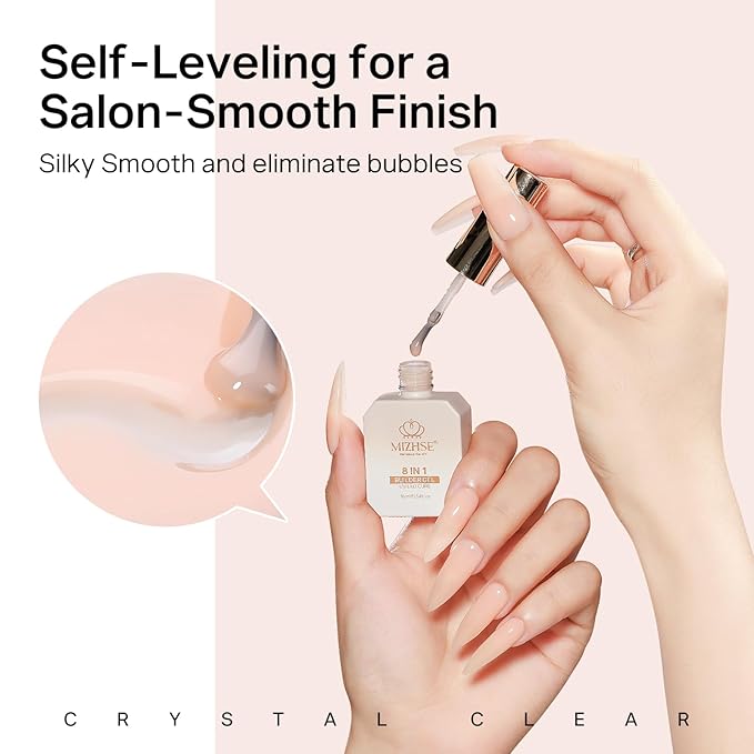 MIZHSE Builder Nail Gel, 8-in-1 Netural Nude Builder Nail Gel Strengthener Gel Thickening Extension Rhinestone Glue in a Bottle for DIY Salon LED & U V Lamp Needed 16mL