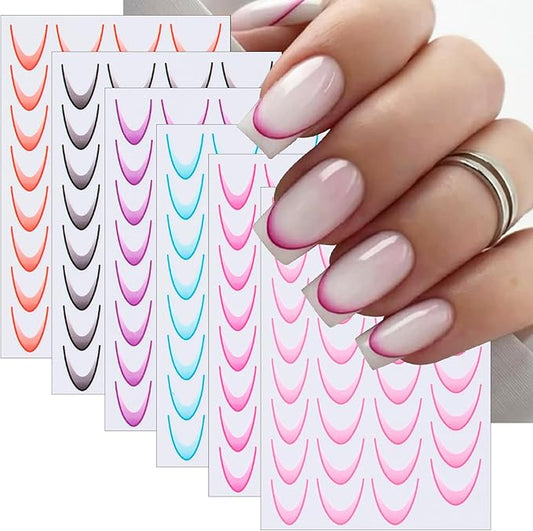 6 Sheets Color French Tips Line Nail Stickers 3DSelf-Adhesive Pegatinas Uñas Pink Purple Black Orange Lines Nail Designs Curve Swirl Nail Decals French Tip Nails Supplies for Women Acrylic Nails