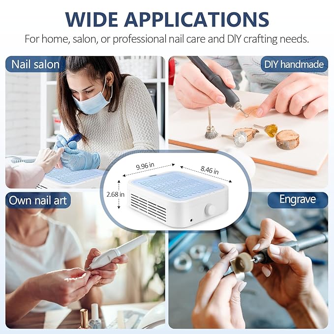 LIONVISON Nail Dust Collector for Acrylic: 120W Professional Nails Dust Collector With Reusable HEPA Filter For Home Salon Use - Portable 3 Speed Vacuum DIY Manicure For Nail Art Beginners (Blue)
