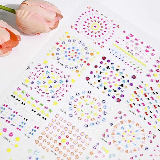 30 Sheets Flower Nail Art Stickers 3D Self-Adhesive Nail Decals Colorful Floral Designs Cute Heart Star Nail Decoration Spring Summer DIY Nail Decorations for Women Manicure Tip