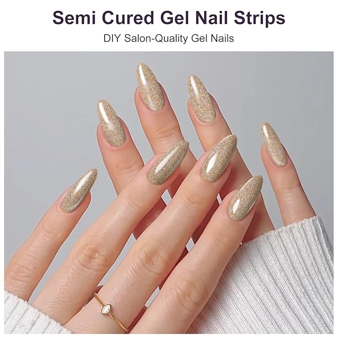 Semi Cured Gel Nail Strips,28 PCS Gold Nail Art Stickers(Shiny),Gel Stickers for Nails UV Light,Nail Polish Strips Includes Prep Pads, Nail File & Wood Stick