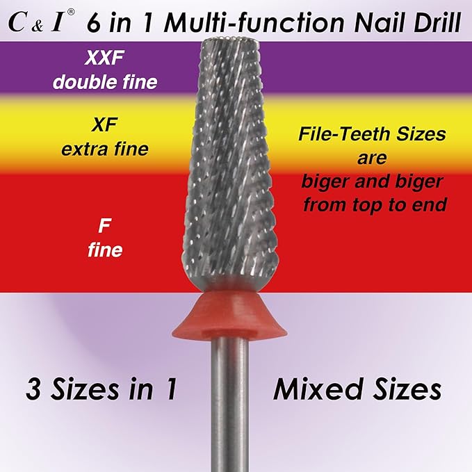 C & I Nail Drill Bit 6 in 1 Multi-function Rounded End E File, Tungsten Steel CNC Overall Cutting, Manicure Tool for Nail Tech Quick Remove Nail Gels, Acrylic Nails (Original, Fine -F)