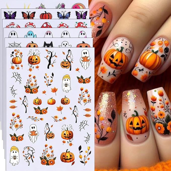 Halloween Nail Stickers Cat Ghost Skull Nail Art Stickers Spider Web Nail Decals DIY Self Adhesive Cute Cartoon Pumpkin Butterfly Design Sticker Nail Decoration for Women Manicure Accessories 6Pcs