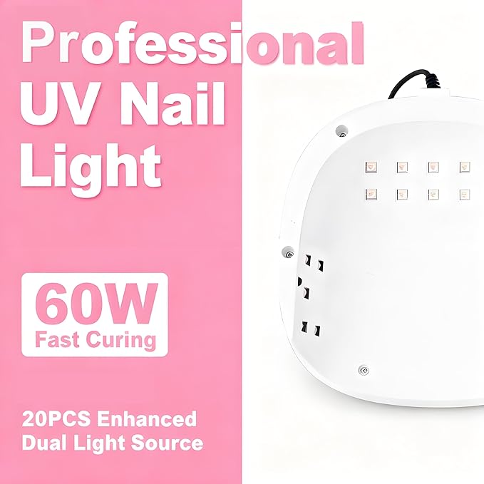 60W Mini UV LED Nail Lamp, 20 Beads Fast Curing Gel Polish Dryer with 4 Timers (30s/60s/90s/Constant On) & USB Port, Compact Professional Manicure Tool for Home Salon Travel