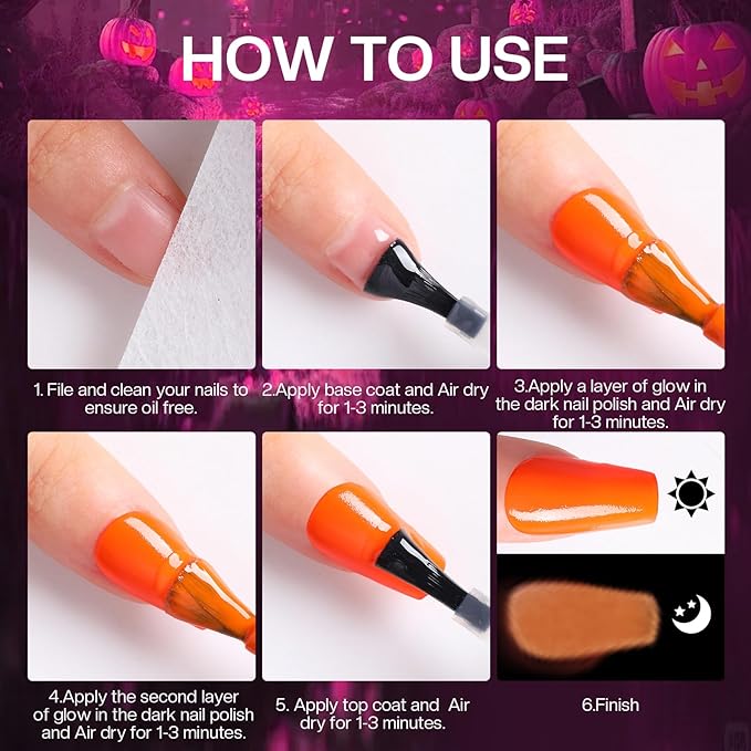 Morovan Neon Nail Polish Set: Glow in The Dark Halloween Fingernail Polish Kit Air Quick Dry Regular Nail Polish Pack for Nail Art Gift Holiday Party