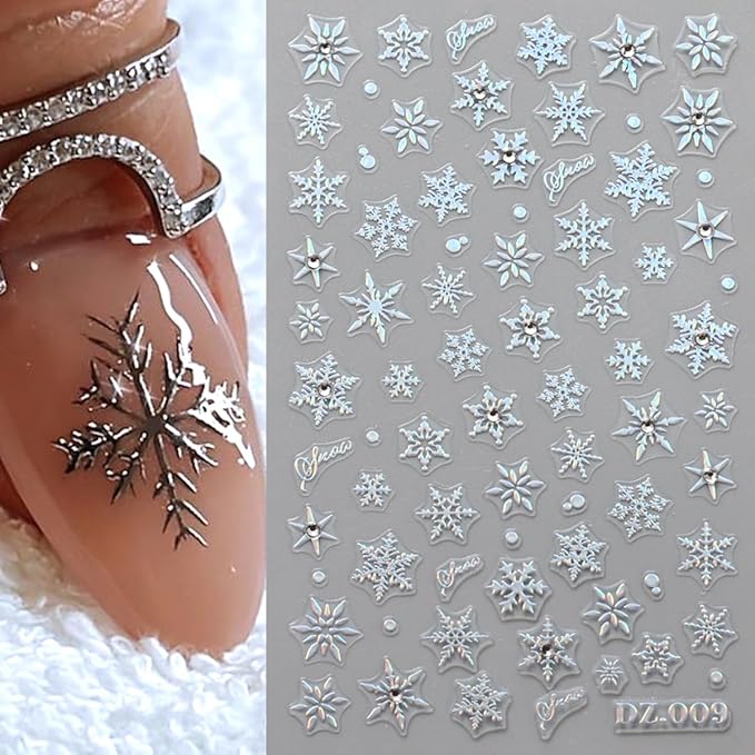 4 Sheets Christmas Nail Stickers for Nail Art WLGDLH 3D Self Adhesive Nail Art Stickers Multicolor Snowflakes Nail Decals Crystal Nail Supplies for Women DIY Christmas Decorations