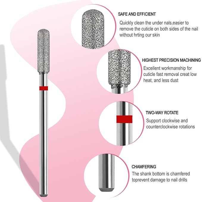 Cuticle Clean Nail Drill Bit, 3/32" Russian Diamond Nail File bits, Safety Carbide Under Nail Cleaner for Cuticle Dead Skin Nail Prepare, Nail Salon Manicure, (Round Top Barrel-Fine)