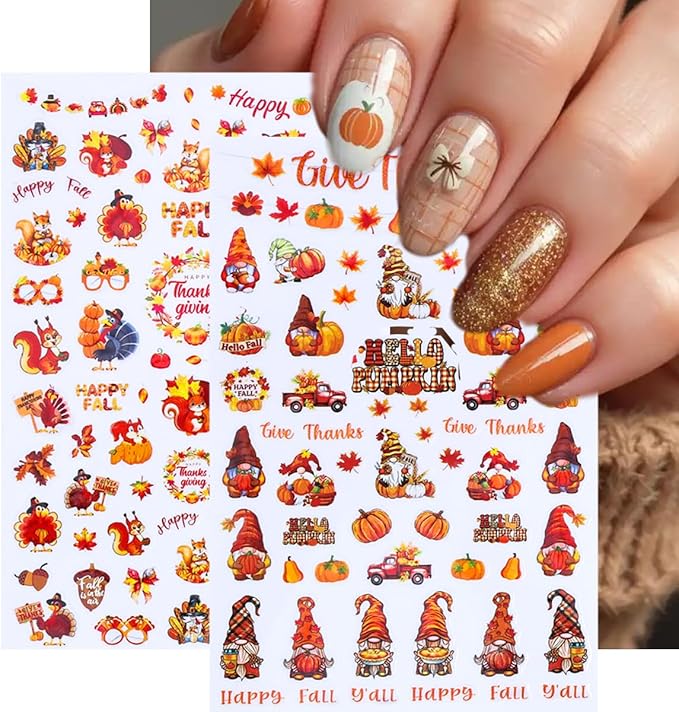 6 Sheets Fall 5D Embossed Nail Art Stickers Self-Adhesive Maple Leaf Pumpkin Nail Decals Cute Fox Turkey Squirrel Nail Design Stickers Thanksgiving Letters Acrylic Nails Art Supply for Women Manicure