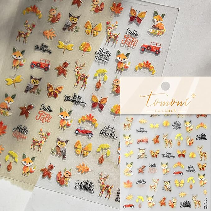 Fall 5D Embossed Nail Art Stickers Decals Thanksgiving Nail Decals Cute Squirrel Owl Butterfly Dragonfly Design Nails Art Supplies Self-Adhesive Autumn Leaves Nails Stickers for Women Manicure Decor