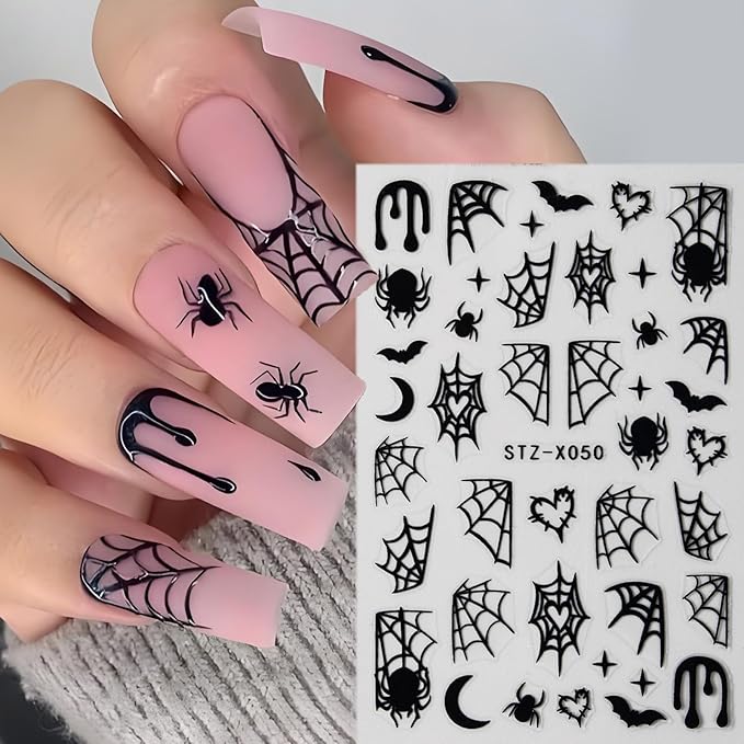 6pcs Ghost Halloween Nails Stickers with Tweezers Heart Spider Web Blood Dripping Spiders Boo Cute Ghost Goth Nails Decals Halloween Art Party Nail Supplies for Women DIY Nail Charms Decorations