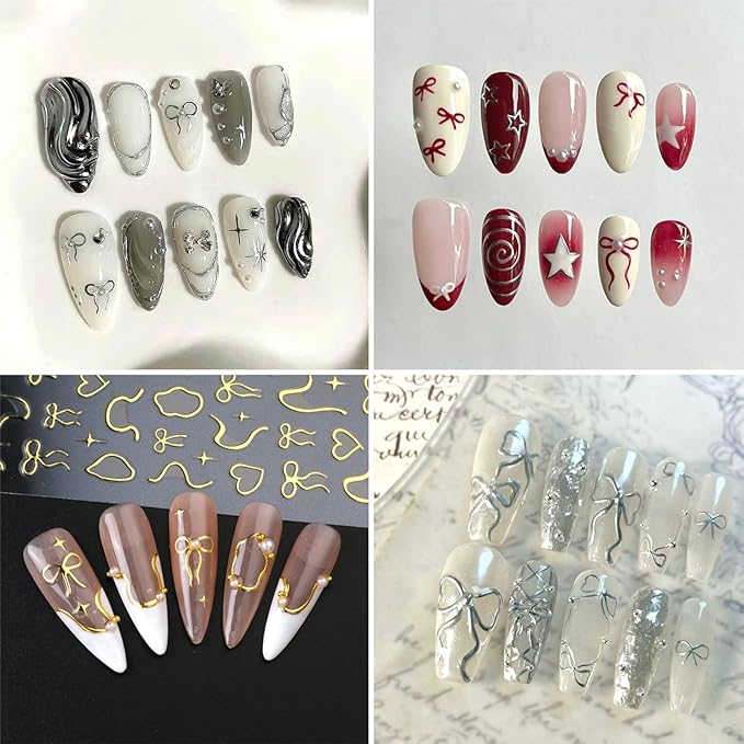 4Sheets Gold Silver Bows Nail Art Stickers 3D Cute Red Bows Heart Nail Decals for Acrylic Nails Self-Adhesive Irregular Lines Designs Nail Stickers Love Star Nail Decal for Women DIY Manicure Decor
