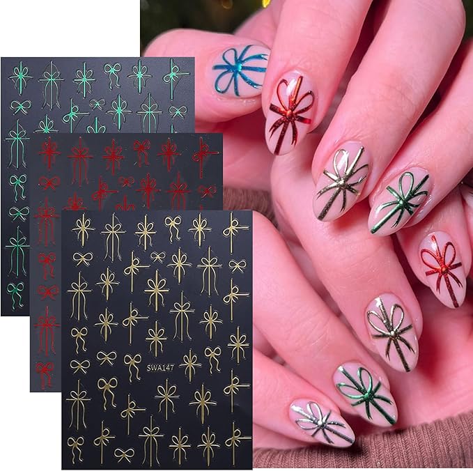 6Pcs Christmas Nail Art Stickers 3D Bow French Tips Line & Gold Red Green Christmas Bow Designs Xmas Nail Supplies French Nail Tip Foils Winter New Year Manicure Decoration Accessories
