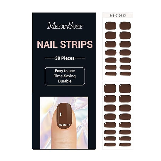 MelodySusie 30PCS Semi Cured Gel Nail Strips, Brown, Works with Any Nail Lamps, Salon Quality, Long Lasting, Easy to Apply and Remove, Includes 2 Prep Pads, Nail File and Wooden Stick