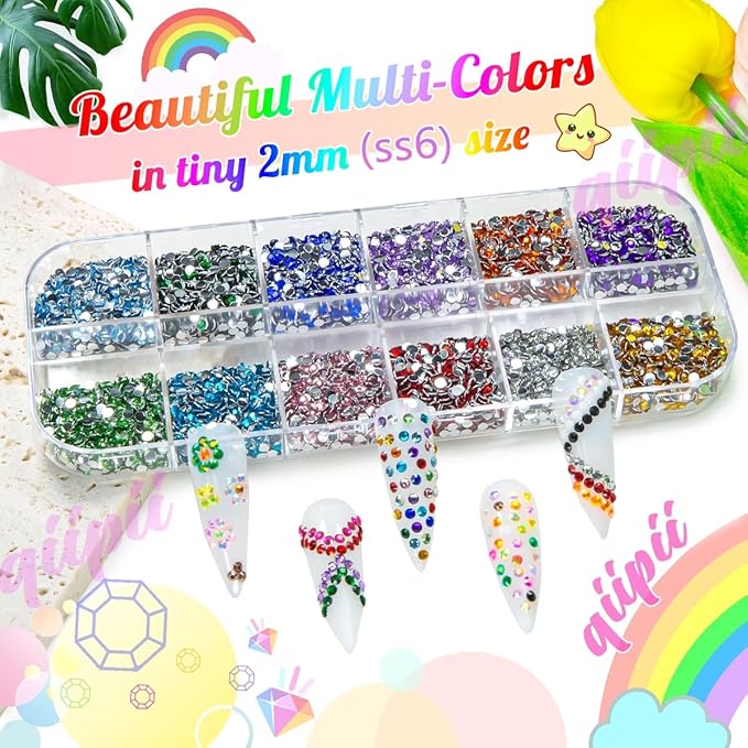 12 Colors 2mm Small Crystal Resin Rhinestones Rainbow Colorful Flatback Tiny Stones Gems Diamonds Crystals Charms for Nails Eyes Face Makeup Crafting Tumblers Bottles DIY Crafts Shoes Clothes