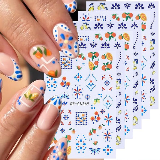 6 Sheets Autumn Fruit Nail Decals for Nail Art 3D Self-Adhesive Orange Lemon Nail Art Stickers Bohemian Style French Tip Nail Stickers Fall Flower Nail Supplies for Women Acrylic Nails Decoration