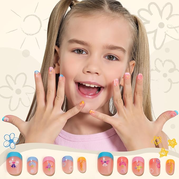 FANDAMEI Nail Stickers for Girls, 30 Sheets Cute Kids Nail Stickers for Nail Art, 3D Self-Adhesive Glitter Floral Fruit Heart Decals for Women, Little Girl Nail Decals for Design