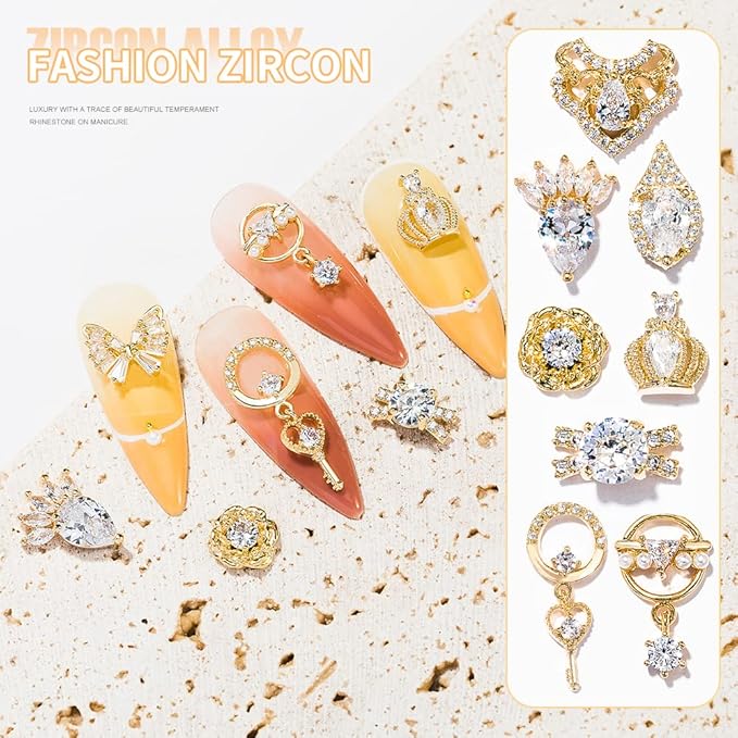HNUIX Nail Charms and Gems - Gold Copper Zircon, Multiple Shapes 3D Dangle, Metal Jewelry Rhinestones for Nails 24 Pieces