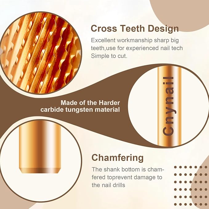 3/32" Large Barrel Crystal Top Tungsten Carbide Nail Drill Bit Safety Bit for Gel & Acrylic Removal, 2-Way Rotating Efile Tip, Salon Electric File Accessory (XC Grit, Ti-Gold)