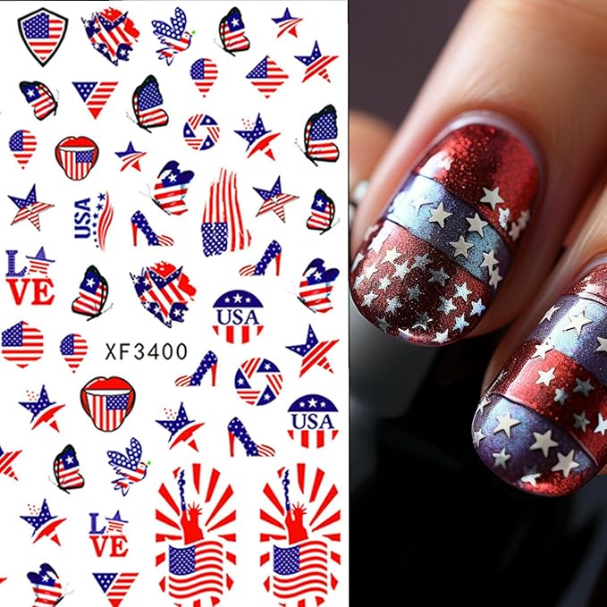 8 Sheets Independence Day Nail Stickers Blue Red Nail Decals Flag Love with Design Nail Decals for Nail Art 3D Self-Adhesive Nail Decoration for Women 4th of July Acrylic Nails Supplies