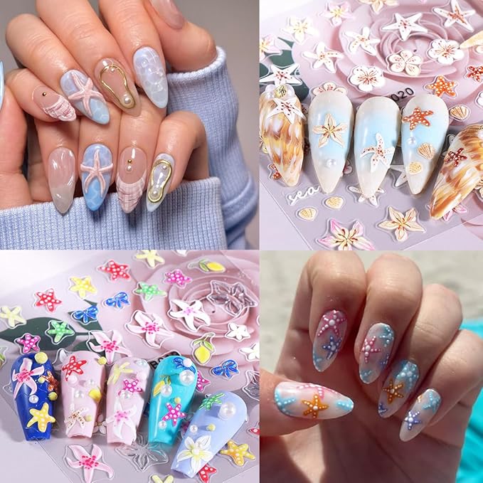 2 Sheets Colorful Starfish Nail Stickers, Flower Nail Decals, 5D Embossed Self-Adhesive Nail Art Stickers for Women DIY Summer Flowers, Shells, Bows, Starfish Manicure Decoration Supplies