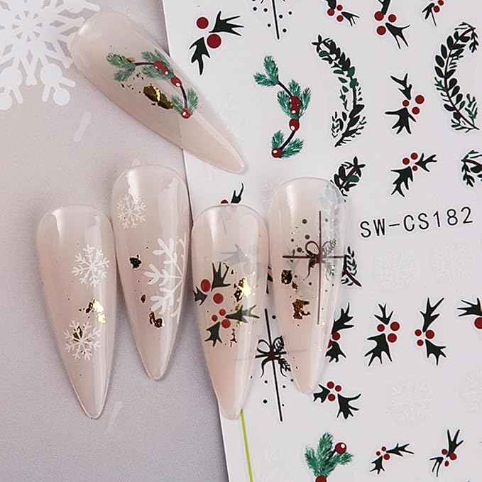 Christmas Nail Art Stickers Decals Holly Leaf Candy Cane Design 3D Self-Adhesive Xmas Nail Art Supplies Decals 6PCS Snowflakes Bow Star Ball Christmas Stickers for Nails Holiday Manicure Decorations