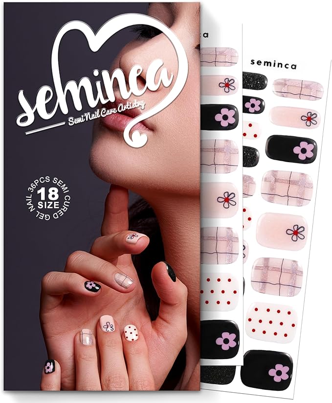 Semi Cured Gel Nail Strips-Variety Press on Nails Set Floral Print, Polka Dot & Minimalist Design, Short Almond Semi Gel Nails, French Manicure Alternative(Floral Fantasy）