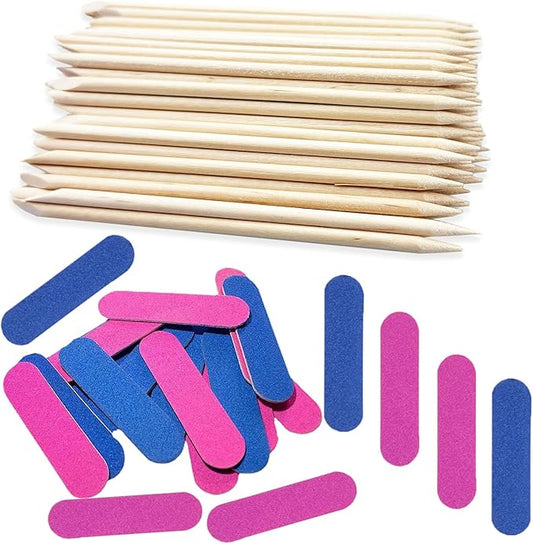 200PCS Nail Files Kit- 100PCS Mini Nail Files Double Sided Nail Buffer, 100PCS Orange Wood Nail Care Sticks, Cuticle Manicure and Pedicure Stick for Fingernail, Cleaning Cuticle Stick