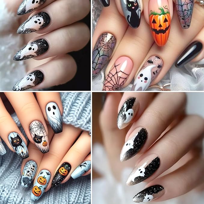 2Sheets Halloween Nail Art Stickers 5D Embossed Black Cat Spider Nail Decals for Acrylic Nails Self-Adhesive Cute Ghost Pumpkin Designs Nail Sticker Spider Web Skull Nail Decal for Women Nails Decor