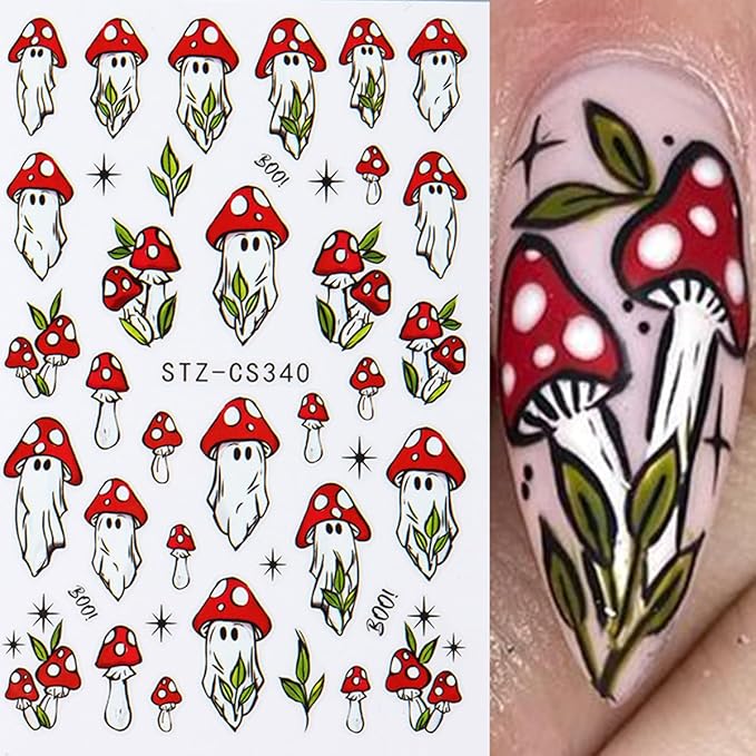 Halloween Nail Art Stickers Decals Mushroom Ghost Skull Nail Decals 6PCS 3D Ghosts Rose Skull Black Cat Pumpkin Spiders Halloween Design Nails Adhesive Sticker Supplies for Women DIY Manicure Nail Art