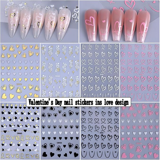 Valentine's Day Nail Art Sticker Set Nail Supplies Hearts Nail Decals 3D Self Adhesive Love Hollow Peach Heart Shaped Nail Design Valentine French Sticker for Women Valentine Holiday Nail Decoration