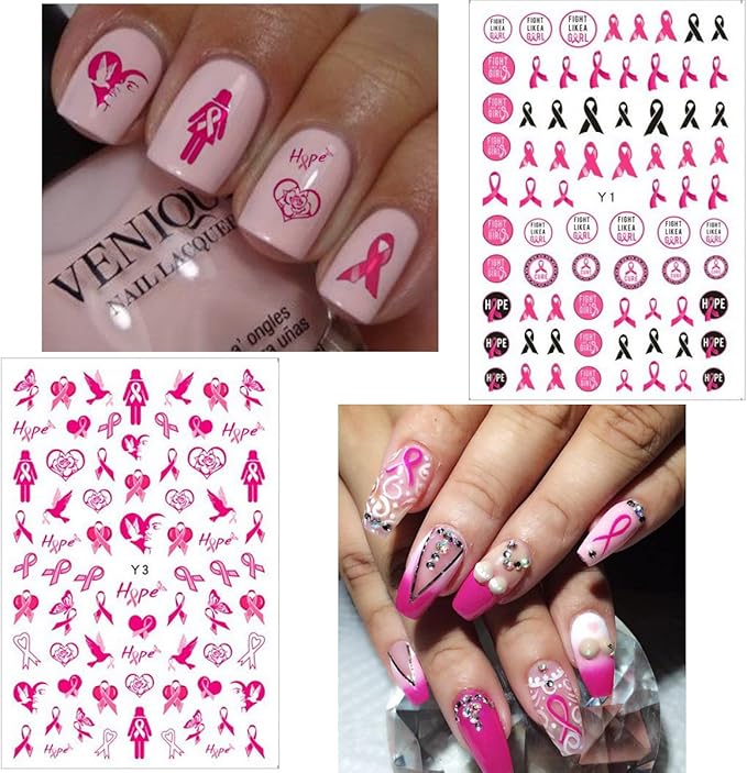 6Sheets Breast Cancer Awareness Nail Stickers - Self-Adhesive Pink Ribbon Decals for Women - DIY Nail Art Design Supplies with 'Love Heart' & 'Letter' Themes