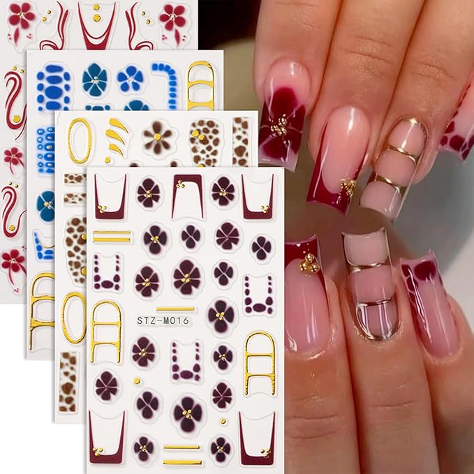 4 Sheets Flower Nail Art Stickers Decals Red Brown Blue Flowers Nail Stickers 3D Embossed Self-Adhesive French Tip Gold Line Nail Decals for Women