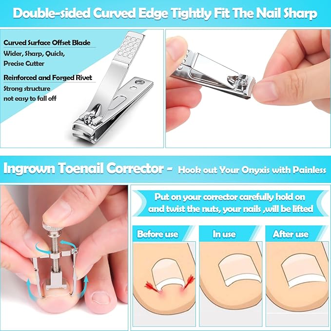 Modacraft 11-Piece Toenail Care Kit - Effective Ingrown Toenail Treatment with Toenail Clippers for Thick Toenails, Corrector & Other Pedicure Tools for Feet and Hand
