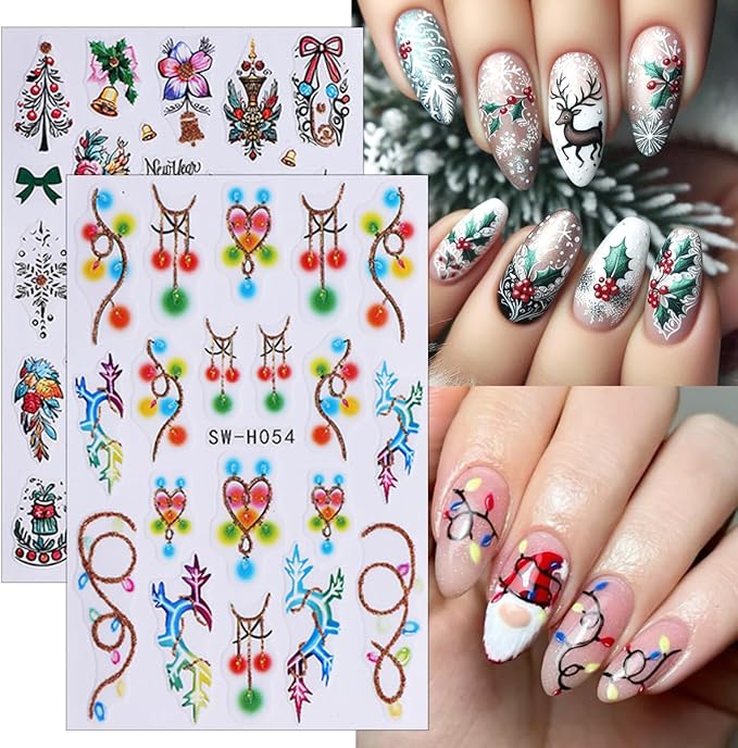 Christmas Nail Art Stickers Decals 3D Elk Christmas Tree Snowman Santa Claus Snowflakes Self-Adhesive Nail Decals Supply Xmas Nail Stickers for Women DIY Winter Holiday Nails Decoration 8 Sheets