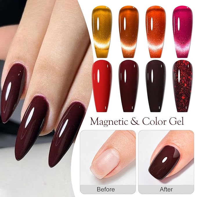 MEET ACROSS 8pcs Gel Nail Polish Set, Soak off UV LED Lamp Gel Nail Polish Cat Eye Set Home Gel Manicure Kit 7ml (Cat Eye + color Gel-1)