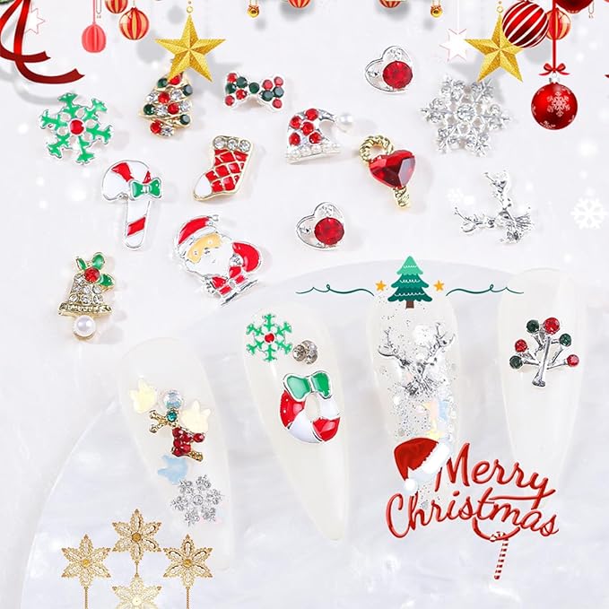 30Pcs Christmas Nail Charms and Gems 3D Metal Snowflakes Elk Candy Nail Jewelry Rhinestone Supply Winter Christmas Tree Socks Santa Claus Nail Art Charms for Women DIY Xmas Nails Decoration Supply