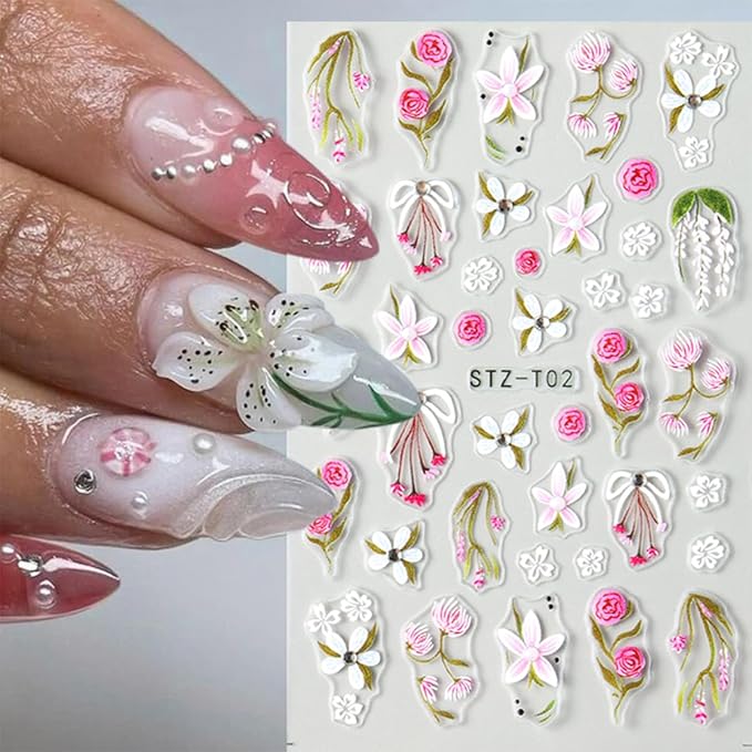 3Pcs Summer Flower Nail Art Stickers Decals 5D French Tip Nail Stickers Floral Nail Decals Colorful Flowers Nail Design Stickers Spring Cherry Blossom Nails Supplies for Women DIY Manicure Decor