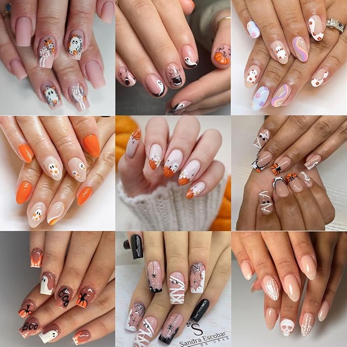 4 Sheets Halloween Nail Art Stickers Decals Cute Cat Ghost Nail Decals 3D Self-Adhesive Pumpkin Spider Web Skeleton Flower Nails Stickers Halloween Nails Supplies for Women Manicure Decor