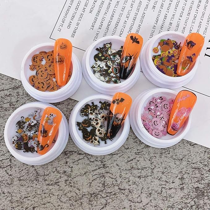 Kalolary 8 Boxes Halloween Nail Art Sequins 3D Nail Art Decals Stickers, Halloween Pumpkin Witch Bat Nail Arts Decals Manicure DIY Decoration Tools