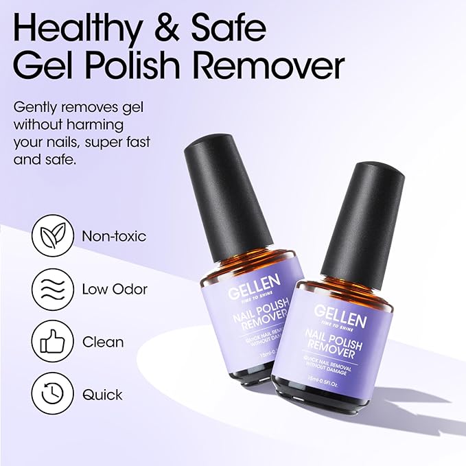 Gellen Gel Nail Polish Remover - 2Pcs Gel Polish Remover for Nails with Cuticle Pusher and Cuticle Oil, Quick & Easy Gel Nail Polish Removal in 2-5 Minutes, No Need Soaking or Wrapping 15ml 0.5fl.oz