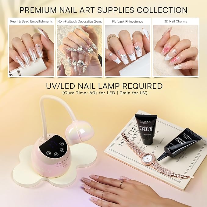 Makartt Nail Rhinestone Glue Gel Set: 60g 3D Super Strong No Wipe Nail Glue for Charms Gems Crystals Beads Decorations DIY Beginners & Salon UV Lamp Needed (2PCS Low & Medium Viscosity)