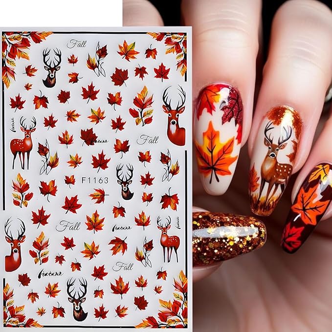 Fall Nail Art Stickers Decals 3D Autumn Maple Leaf Nail Stickers Self-Adhesive Nail Art Supplies 6PCS Autumn Leaves Deer Fall Nails Design Manicure Sliders for Women Thanksgiving Day Nail Decorations