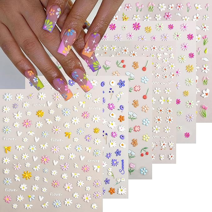 6 Sheets Flower Nail Art Stickers Colour Daisy Nail Decals 5D Embossed Pink White Floral Nail Design Stickers Spring Nail Decor Self-Adhesive Design Flower Acrylic Nail Art Supplies for Women