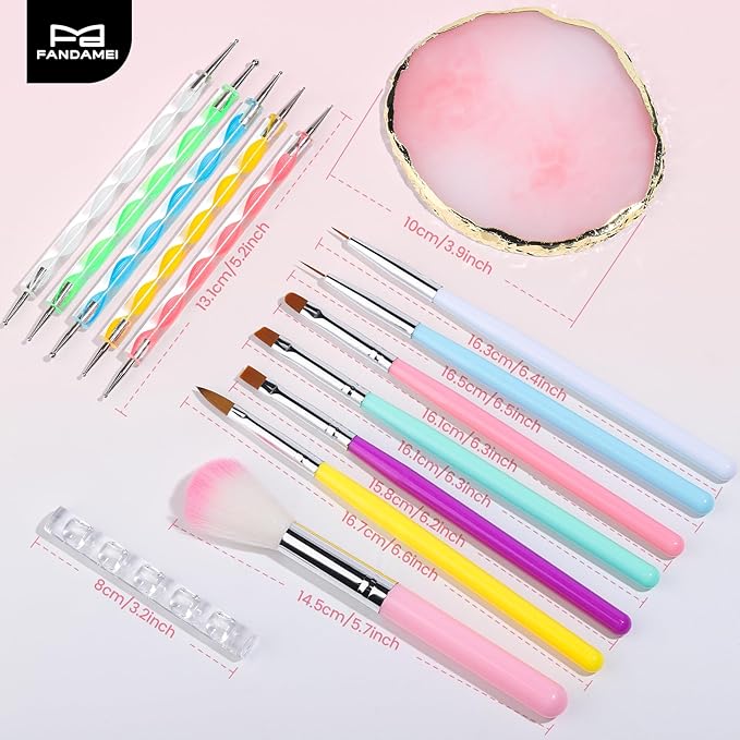 FANDAMEI Nail Art Brushes, 6PCS Nail Brushes for Nail Art, 1PCS Resin Nail Art Palette, 1PCS Nail Clean Up Brushes, 5PCS Dotting Pen Nail Design Tools Kit, Nail Polish Mixing Palette Nail Art Tools