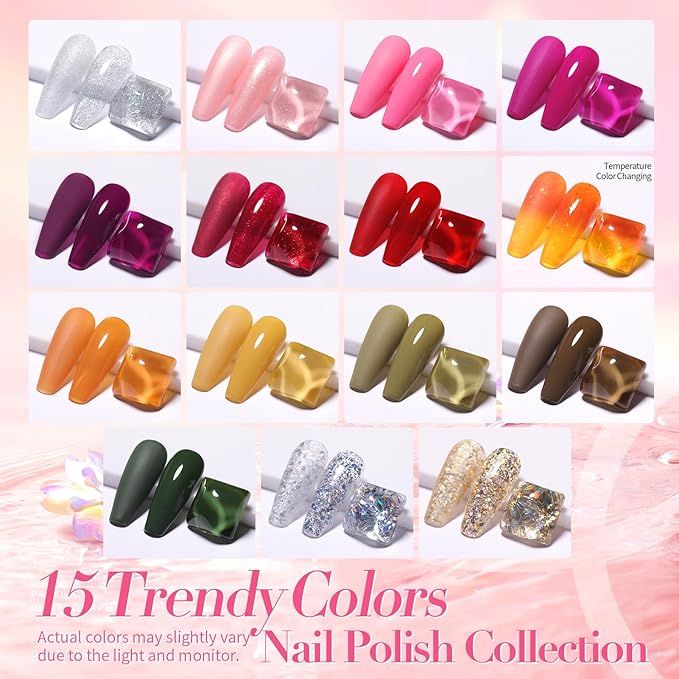 Born Pretty Fall Nail Polish Set, 15 Colors Christmas Quick Dry Nail Polish Kit Brown Caramel Red Green Silver Gold Glitter Color Changing Orange Nail Lacquer Glossy Fingernail Polish Manicure Set