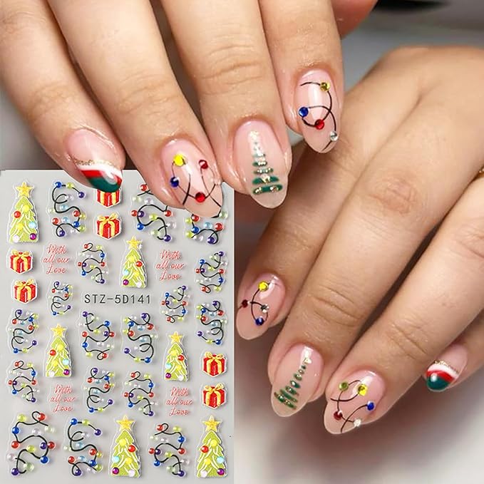 2 Sheets Christmas Nail Stickers for Nail Art Embossed New Year Light Strip Nail Art Stickers 5D Self-Adhesive Xmas Gift Nail Design Supplies Winter Christmas Tree Nail Decals for Women Holiday Decor