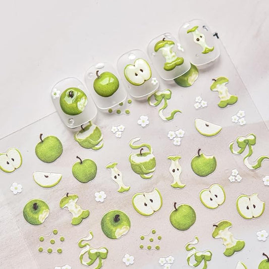 5D Embossed Nail Stickers for Nail Art Green Apple Nail Art Stickers White Flower Nail Decals Self Adhesive Spring Nails Supplies for Women Girls