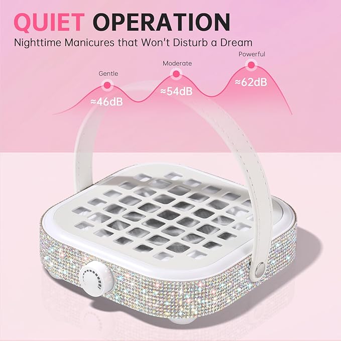 Nail Dust Collector, Mini Bling Crystal Diamond Compact 6000RPM Powerful Vacuum Fan Vent Dust Collector Extractor Dust Suction Machine for Acrylic Nails Polishing, Fast Charging