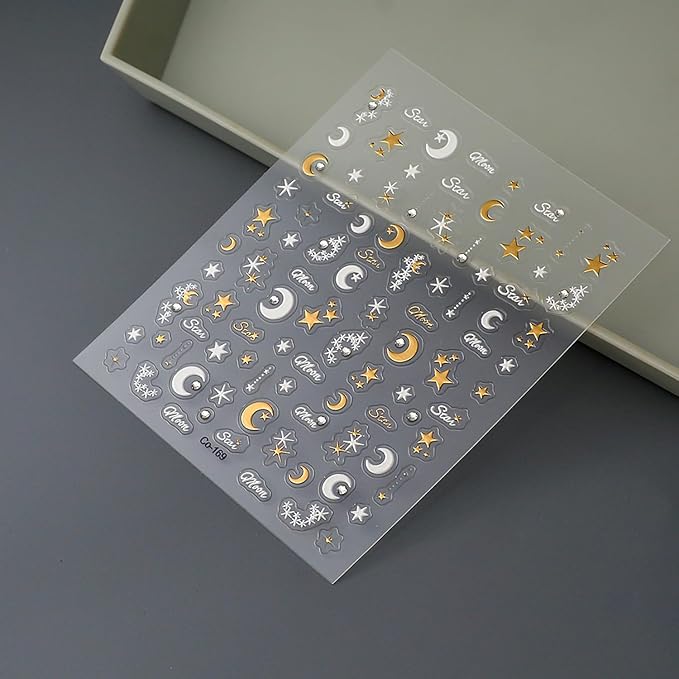 Star Crystal Diamond Nail Stickers, Rhinestones Gold Stars and Moons Nail Design,Cute Star Adhesive Stickers Art Supplies Craft French Manicure Decorations and Decal for Women
